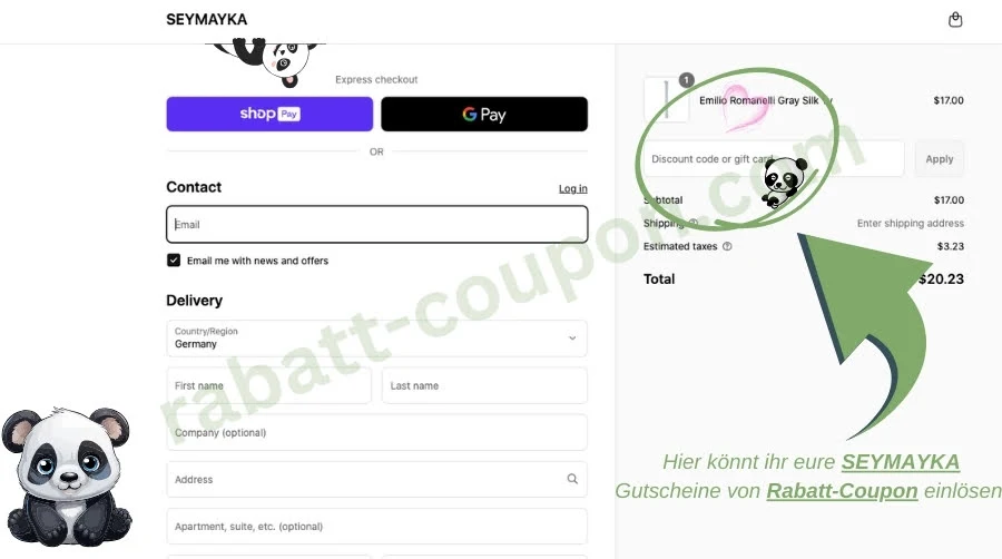 Das Bild zeigt die Checkout-Seite von SEYMAYKA mit einem Produkt im Warenkorb und einem deutlich markierten Feld zur Eingabe eines Gutscheincodes. Ein grüner Pfeil und ein Panda-Emoji weisen darauf hin, dass ihr hier eure SEYMAYKA Gutscheine von Rabatt-Coupon einlösen könnt.