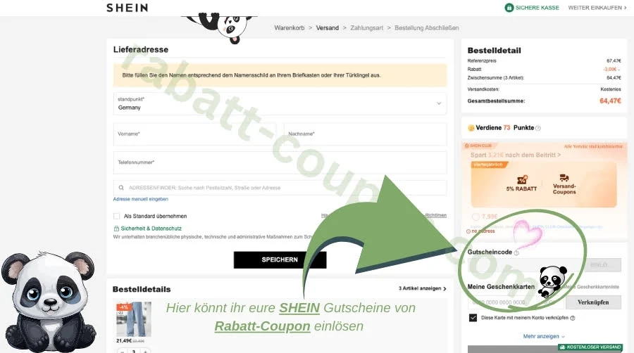Das Bild zeigt die Checkout-Seite von SHEIN mit dem Eingabefeld für Gutscheincodes im rechten Bereich des Bildschirms. Ein grüner Pfeil und ein Panda-Emoji markieren deutlich, wo ihr eure SHEIN Gutscheine von Rabatt-Coupon einlösen könnt.