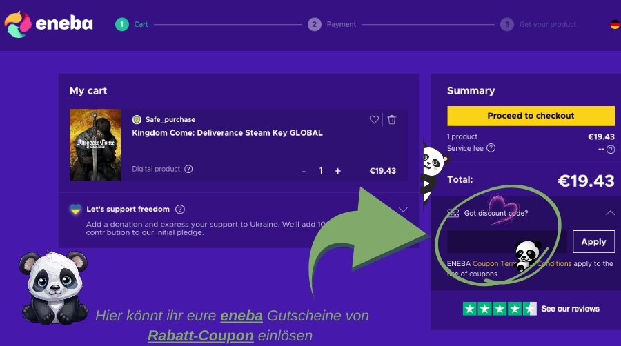 Das Bild zeigt den Warenkorb auf der Webseite von eneba mit dem Spiel "Kingdom Come: Deliverance Steam Key GLOBAL" für 19,43 €. Rechts daneben befindet sich der Bestellzusammenfassung mit der gelben Schaltfläche „Proceed to checkout“. Ein großer grüner Pfeil und ein Kreis heben den Bereich hervor, in dem ihr euren Rabatt-Coupon-Code eingeben könnt, begleitet von kleinen Panda-Illustrationen und dem Hinweis: „Hier könnt ihr eure eneba Gutscheine von Rabatt-Coupon einlösen.“