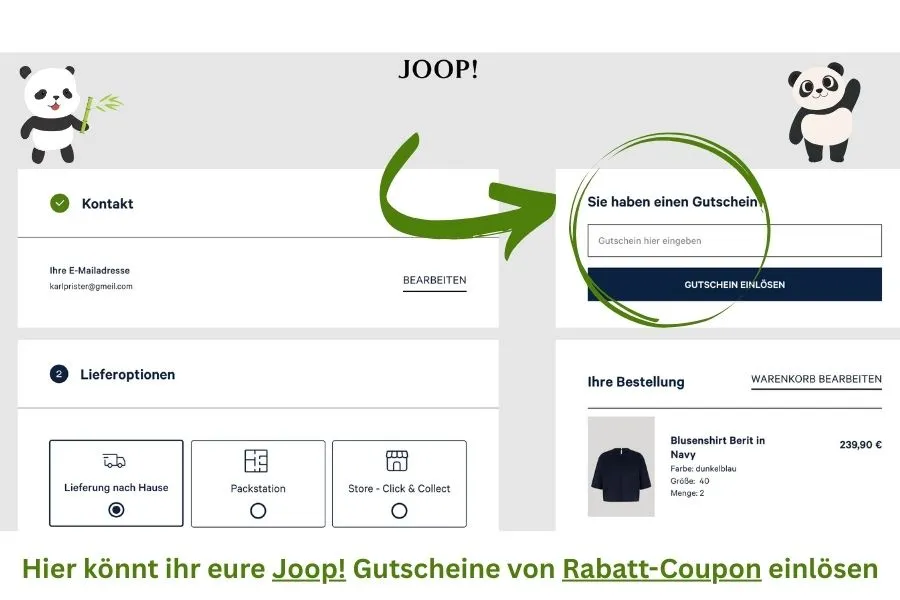 Warenkorb von Joop! mit oben rechts markiertem eingabefeld für Gutscheincodes