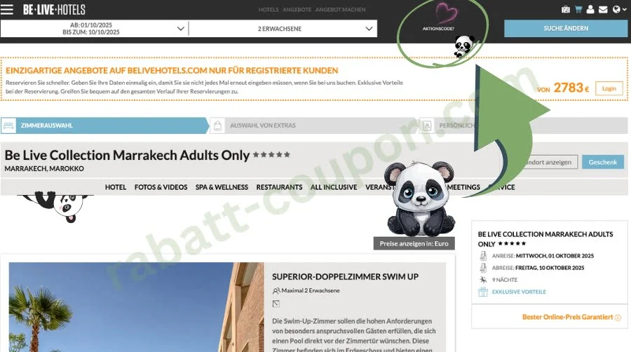 Das Bild zeigt die Buchungsseite eines Hotels auf der Website von Be Live Hotels, konkret für das „Be Live Collection Marrakech Adults Only“. Ein grüner Pfeil hebt oben rechts das Feld für den Aktionscode hervor, begleitet von einem Panda-Symbol. Im unteren Bereich sind Zimmerdetails, Reisezeitraum und Preisangaben für eine neuntägige Buchung dargestellt.