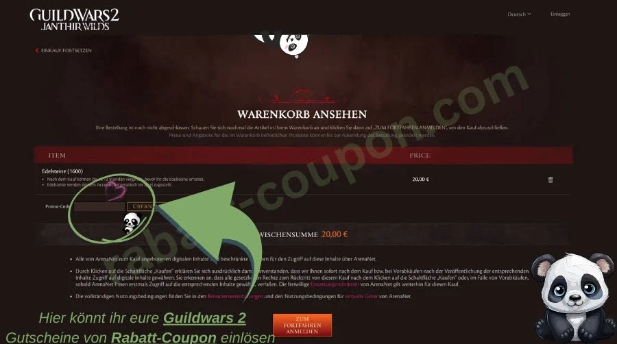 Das Bild zeigt einen Screenshot der Guild Wars 2 Website, auf dem der Warenkorb angezeigt wird. Es gibt eine Eingabemöglichkeit für einen Gutscheincode, der von Rabatt-Coupon eingelöst werden kann. Darunter sind der Gesamtpreis und die Kaufoption zu sehen.
