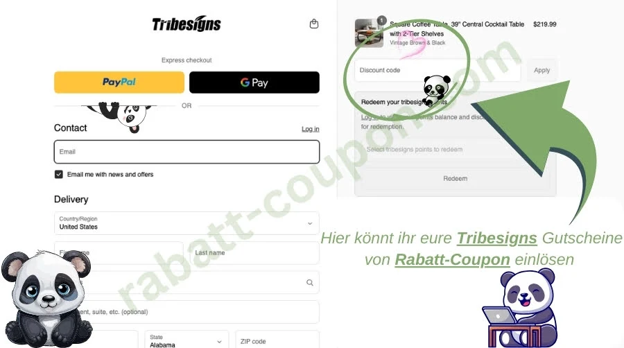 Auf dem Bild ist die Checkout-Seite von Tribesigns zu sehen. Links können Nutzer ihre Kontaktdaten und Lieferadresse eingeben oder Express-Zahlungen mit PayPal oder Google Pay nutzen. Rechts wird eine Couchtisch-Bestellung angezeigt, inklusive Eingabefeld für Rabattcodes, einem Punkte-Bereich sowie Infos zu Versand, Rückgabe und Kundenservice.