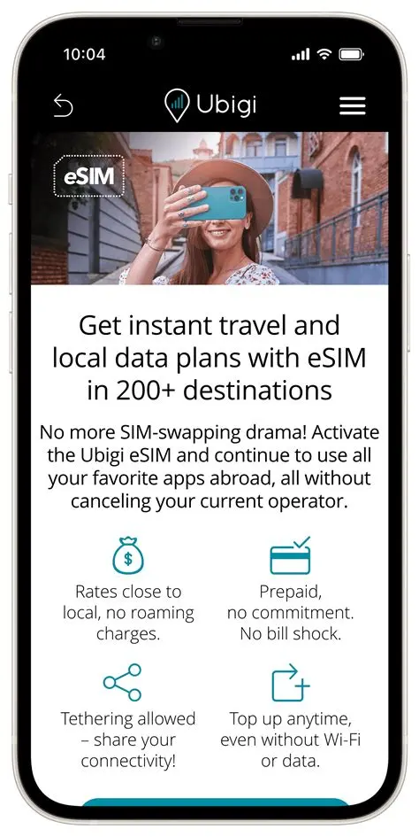 Smartphone zeigt die Ubigi-App mit Werbung für eSIM-Datentarife in über 200 Ländern, inklusive Icons und Vorteilen wie keine Roaminggebühren und Prepaid-Tarifen.