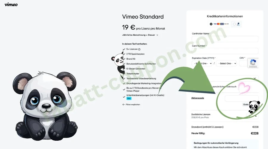 Das Bild zeigt die Buchungsseite für den Vimeo-Standard-Tarif mit einem Preis von 19 € pro Lizenz und Monat bei jährlicher Abrechnung. Links sind die Tarifinhalte wie Speicherplatz, Brand Kit und KI-Funktionen aufgelistet, rechts befindet sich das Kreditkartenformular. Ein grüner Pfeil weist auf das Eingabefeld für einen Aktionscode hin, das mit einem Herz und einem Panda verziert ist.