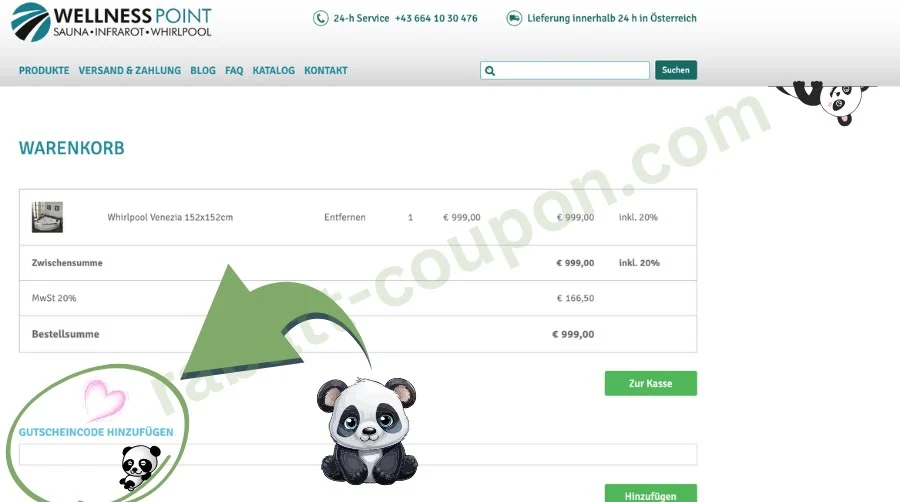 Das Bild zeigt den Warenkorb des Onlineshops von Wellness Point, in dem ein Whirlpool zum Preis von 999,00 € liegt. Unten auf der Seite ist das Feld für das Einfügen eines Gutscheincodes grün umrandet und mit einem großen grünen Pfeil sowie einem Panda-Symbol hervorgehoben. Die Seite ist klar strukturiert und zeigt Zwischensumme, Mehrwertsteuer und Gesamtbetrag übersichtlich an.