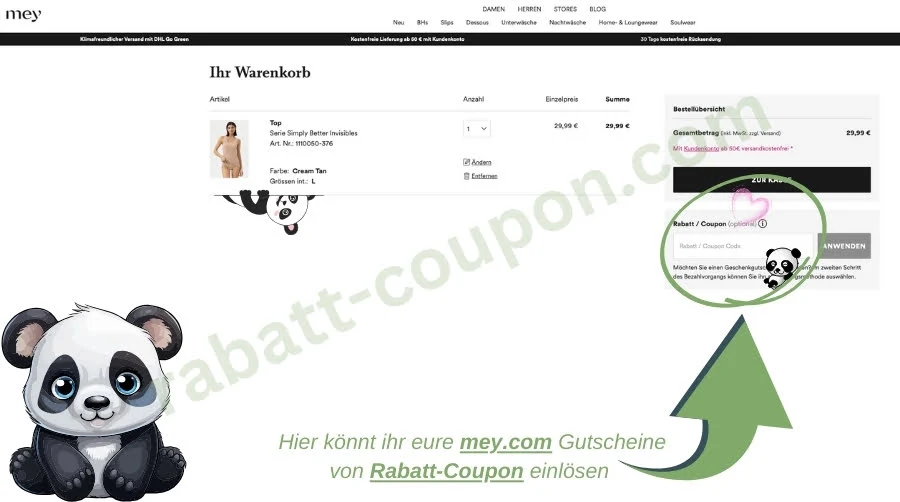 Das Bild zeigt den Warenkorb auf der Website von mey.com, in dem ein Artikel (Top) mit Preis und Menge angezeigt wird. Rechts im Warenkorb gibt es ein Feld, in das ein Rabattcode eingegeben werden kann, um einen Rabatt zu erhalten. Darunter ist der Gesamtbetrag der Bestellung aufgeführt, und es wird die Option zum Einlösen des Gutscheins angezeigt. 