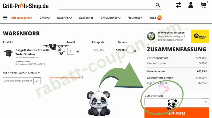 Das Bild zeigt den Warenkorb von Grill-Profi-Shop mit einem Gasgrill im Wert von 599,90 €. Rechts im Bild ist die Bestellübersicht mit einer Gesamtsumme von 605,85 € inklusive Versandkosten zu sehen. Unten rechts ist ein Feld zur Eingabe eines Gutscheincodes deutlich markiert und mit einem grünen Pfeil sowie einem Panda-Clipart hervorgehoben.