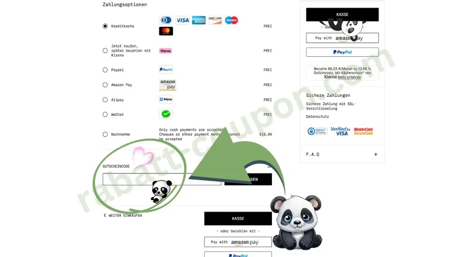 Das Bild zeigt die Zahlungsseite des Onlineshops Palm Angels mit verschiedenen Zahlungsoptionen wie Kreditkarte, Klarna, PayPal, Amazon Pay, Alipay und Nachnahme. In der Mitte ist ein großes grünes Pfeilsymbol, das auf ein Eingabefeld für den Gutscheincode hinweist. Am unteren Rand sind zwei gezeichnete Pandas abgebildet, einer davon hält ein Herz.