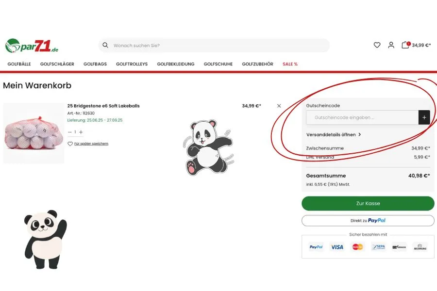 Screenshot des Warenkorbs im Onlineshop von par71 mit deutlich hervorgehobenem Feld zur Eingabe eines Gutscheincodes. Zwei Panda-Grafiken schmücken die Seite.