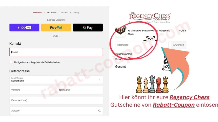 Screenshot des Warenkorbs im Onlineshop von The Regency Chess Company. Ein roter Kreis markiert das Feld „Rabattcode“ in der Bestellübersicht, daneben ein großer Pfeil. Im linken Bereich sind Kontakt- und Lieferadressfelder zu sehen. Unten verweist ein Hinweistext darauf, dass hier Regency Chess Gutscheine von Rabatt-Coupon eingegeben werden können.