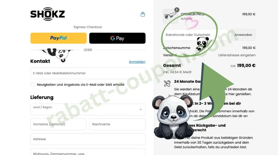 Der Screenshot zeigt die SHOKZ Checkout-Seite, diesmal mit grafischen Markierungen. Ein grüner Kreis hebt das Feld „Rabattcode oder Gutschein“ hervor, daneben ist ein gezeichneter Panda und ein rosa Herz zu sehen. Unten rechts weist ein großer grüner Pfeil auf die Stelle hin, wo der Gutscheincode eingegeben werden soll.