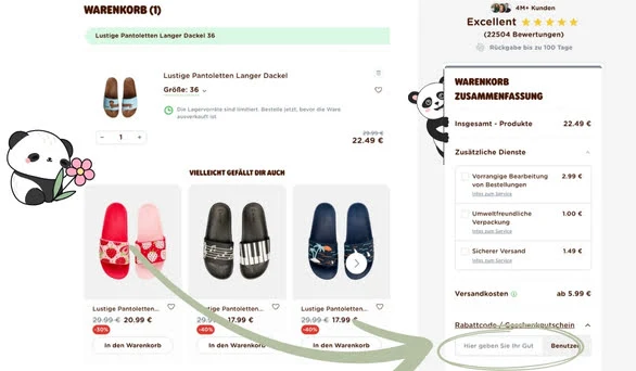 Auf dem Screenshot seht ihr den Warenkorb von Dedoles mit den „Lustigen Pantoletten Langer Dackel“ in Größe 36. Rechts in der Warenkorb-Zusammenfassung könnt ihr neben den Produkt- und Versandkosten auch Zusatzdienste wie „schnellere Bearbeitung“ oder „Umweltfreundliche Verpackung“ auswählen. Unterhalb der Übersicht gibt es ein Feld für Rabattcode/Geschenkgutschein, in das ihr euren Code eingeben und sofort einlösen könnt.