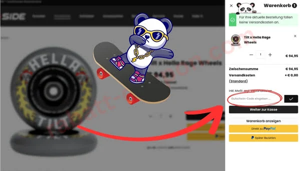 Auf dem Screenshot seht ihr den Warenkorb von Rideside mit einem Paar „Tilt x Hella Rage Wheels“. Rechts in der Übersicht wird die Zwischensumme angezeigt und darunter könnt ihr im Feld „Gutschein-Code eingeben“ euren Rabattcode eintragen. Anschließend lässt sich der Einkauf entweder direkt mit PayPal, über „Später Bezahlen“ oder klassisch an der Kasse abschließen.