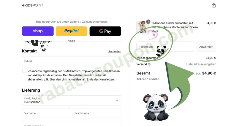 Das Bild zeigt den Checkout-Bereich des Onlineshops 4kidspoint mit Express-Zahlungsoptionen wie Shop, PayPal und Google Pay. Rechts im Warenkorb liegt ein Didriksons Kinder Sweatshirt für 34,90 €. Ein grüner Pfeil und Panda-Illustrationen markieren das Feld zur Eingabe eines Rabattcodes.