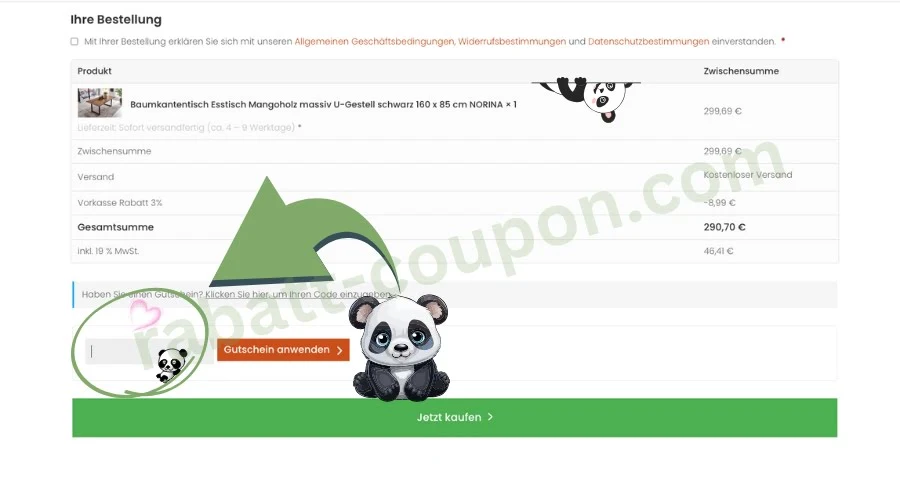 Das Bild zeigt den Warenkorb im Onlineshop Baumkantentische mit einem Esstisch aus Mangoholz für 299,69 €. Der Versand ist kostenlos, ein Vorkasse-Rabatt von 8,99 € wurde abgezogen, sodass die Gesamtsumme 290,70 € beträgt. Unten befindet sich ein Feld zur Eingabe eines Gutscheincodes sowie ein grüner Button „Jetzt kaufen“.