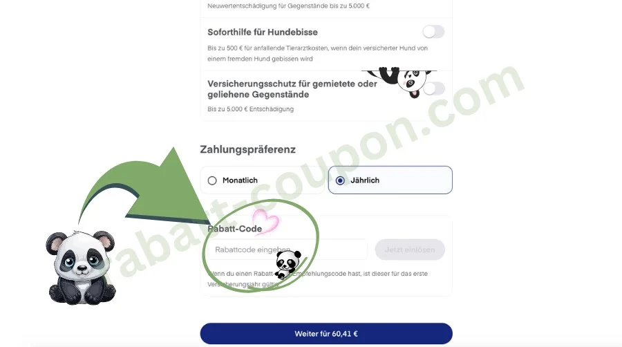Das Bild zeigt die Bezahlseite von **Lassie**, einem Anbieter für Tierversicherungen. In der Mitte ist ein Feld markiert, in das ein **Rabatt-Code** eingegeben werden kann, daneben ein Panda-Symbol. Darunter befindet sich ein blauer Button mit der Aufschrift „Weiter für 60,41 €“.