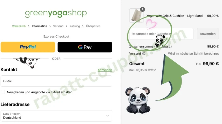 Das Bild zeigt den Checkout von greenyogashop mit Optionen für Express-Zahlung über PayPal oder GPay. Links sind Felder für Kontakt und Lieferadresse sichtbar. Rechts befindet sich der Warenkorb mit einer Yogamatte sowie ein markiertes Feld zur Eingabe eines Rabattcodes, hervorgehoben durch Panda-Grafiken.