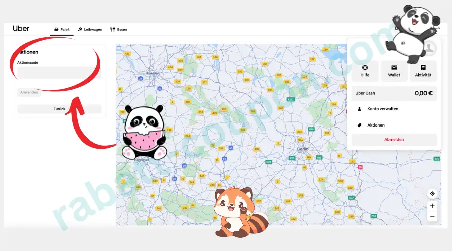 Das Bild zeigt die Uber App mit einem aktiven Feld zur Eingabe eines Aktionscodes auf der linken Seite. Auf der rechten Seite ist eine Kartenansicht zu sehen, auf der verschiedene Städte und Regionen markiert sind. Oben rechts befinden sich Optionen wie „Hilfe“, „Wallet“ und „Aktivität“.

