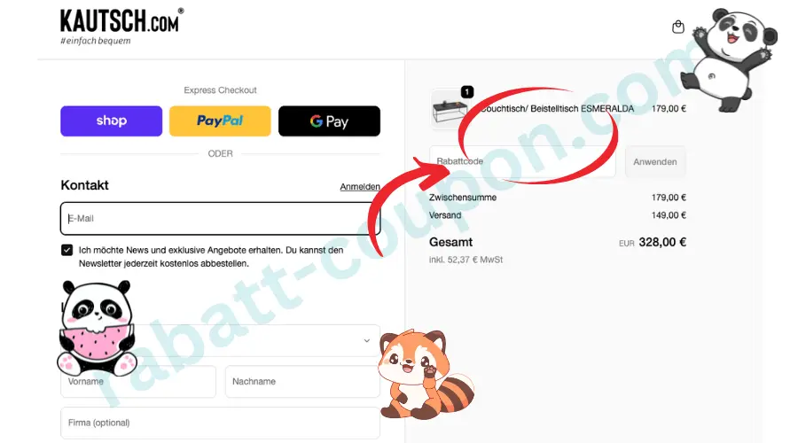 Das Bild zeigt die Bezahlseite im kautsch Onlineshop mit Feldern für Kontakt, Versand und Zahlungsoptionen wie Shop Pay, PayPal und Google Pay. Auf der rechten Seite ist eine Bestellübersicht mit einem hervorgehobenen Feld zur Eingabe eines Rabattcodes zu sehen, das mit einem roten Pfeil markiert ist. Darunter wird der Gesamtbetrag der Bestellung angezeigt. 