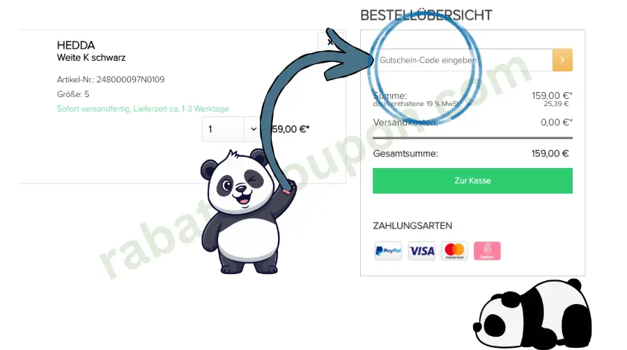 Das Bild zeigt den Warenkorb im Onlineshop von Solidus. Rechts ist das Feld zur Eingabe eines Gutscheincodes blau markiert, darunter werden Bestellsumme und Zahlungsarten angezeigt. Zwei Panda-Grafiken und ein blauer Pfeil lenken den Blick auf das Gutscheinfeld.