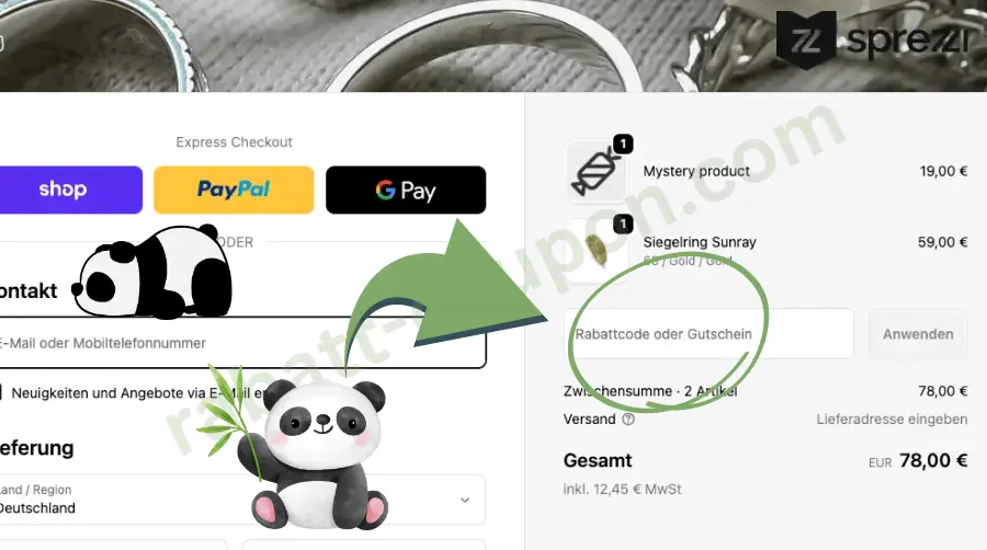 Das Bild zeigt den Warenkorb im Onlineshop von Sprezzi. Rechts ist das Feld zur Eingabe eines Rabattcodes oder Gutscheins markiert, daneben werden Produkte und Preise angezeigt. Oben sind verschiedene Express-Zahlungsoptionen wie Shop Pay, PayPal und Google Pay sichtbar, begleitet von Panda-Grafiken und einem grünen Pfeil.