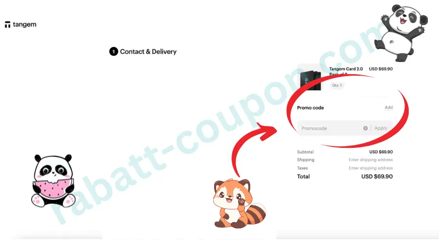 Das Bild zeigt die Bezahlseite des Tangem Onlineshops mit einem deutlich markierten Feld zur Eingabe eines Promocodes. Ein roter Pfeil weist auf das Eingabefeld hin, in dem der Code eingetragen und aktiviert werden kann. Rechts sind Preisangaben wie Zwischensumme und Gesamtsumme zu sehen.