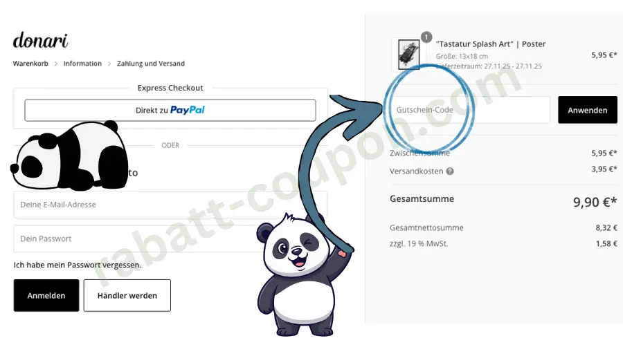 Das Bild zeigt den Warenkorb im Onlineshop von donari. Rechts ist das Feld zur Eingabe eines Gutschein-Codes blau markiert, daneben stehen Artikelpreis, Versandkosten und Gesamtsumme. Zwei Panda-Grafiken und ein blauer Pfeil lenken den Blick auf das Gutscheinfeld.