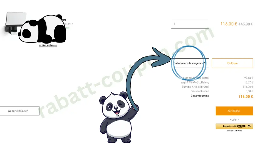 Das Bild zeigt den Warenkorb im Onlineshop von Steinel. Rechts ist das Feld zur Eingabe eines Gutscheincodes blau markiert, daneben steht die Schaltfläche „Einlösen“ sowie die Gesamtsumme. Zwei Panda-Grafiken und ein blauer Pfeil lenken den Blick auf das Gutscheinfeld.