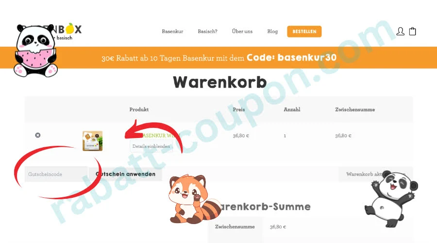Das Bild zeigt den Warenkorb der BasenBox mit einem ausgewählten Basenkur-Produkt und der dazugehörigen Preisübersicht. Links unter der Produktliste befindet sich ein Eingabefeld für einen Gutscheincode, das durch einen roten Pfeil deutlich hervorgehoben ist. Niedliche Tierillustrationen rahmen die Seite ein und lenken zusätzlich den Blick auf das Gutscheinfeld.
