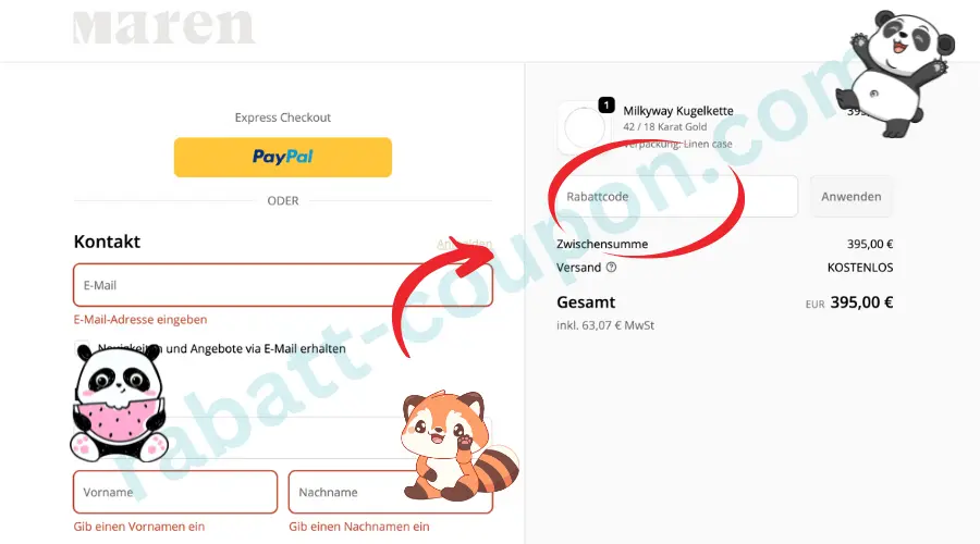 Das Bild zeigt den Warenkorb im Onlineshop von Maren Jewellery mit einem Schmuckartikel und dem Gesamtpreis auf der rechten Seite. In der Mitte ist ein Eingabefeld für einen Rabattcode deutlich markiert, daneben wird die Zwischensumme und der Gesamtbetrag angezeigt. Links befinden sich Formularfelder zur Eingabe von E-Mail, Vor- und Nachname für den Bestellvorgang.