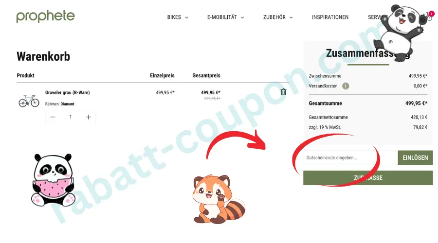 Das Bild zeigt den Warenkorb im Onlineshop von prophete mit einem Fahrrad als ausgewähltem Produkt. Rechts ist eine Zusammenfassung mit Zwischensumme, Versandkosten und Gesamtsumme zu sehen. Ein Eingabefeld für einen Gutscheincode ist deutlich markiert und befindet sich neben dem Button zum Einlösen.