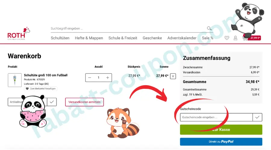 Das Bild zeigt den Warenkorb im Onlineshop von ROTH mit einem ausgewählten Schulartikel, inklusive Preis, Menge und Versandkostenübersicht. Rechts ist eine Zusammenfassung mit Zwischensumme, Mehrwertsteuer und Gesamtsumme zu sehen. Unter der Übersicht befindet sich ein Eingabefeld für einen Gutscheincode sowie Buttons zum Weitergehen zur Kasse oder zur Zahlung mit PayPal.