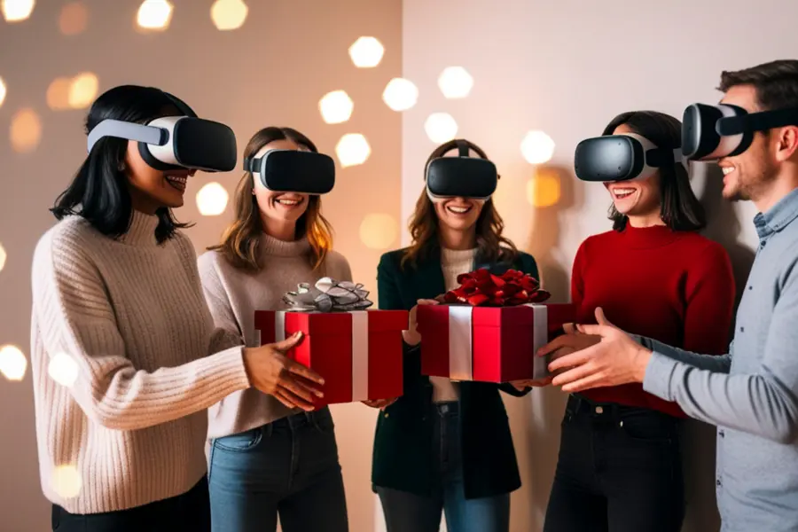 Xmas Hypes 2025 – Alles Plastik und Digital? 3 Gruppe junger Menschen mit Virtual-Reality-Brillen, die sich gegenseitig festlich verpackte Geschenke überreichen, umgeben von warmem Licht.