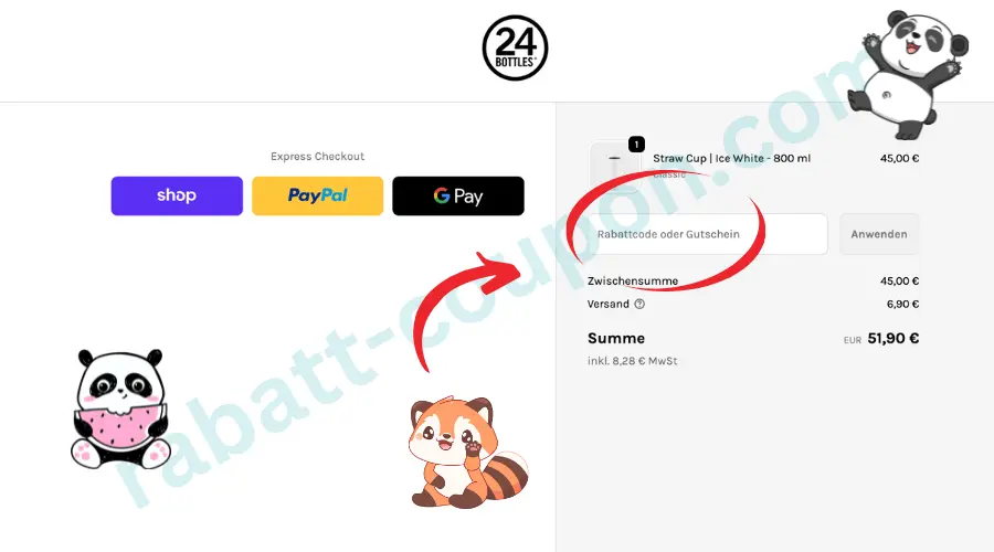 Das Bild zeigt den Warenkorb im Onlineshop von 24Bottles mit einem Produkt auf der rechten Seite und dem Gesamtpreis inklusive Versandkosten. Rechts ist ein Eingabefeld für einen Rabattcode oder Gutschein deutlich markiert, daneben befindet sich der Button zum Anwenden. Links sind Express-Checkout-Optionen wie Shop, PayPal und Google Pay sichtbar.