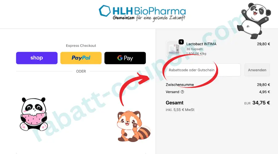 Das Bild zeigt den Warenkorb im Onlineshop von HLH BioPharma mit einem ausgewählten Produkt und dem Gesamtpreis inklusive Versand. Rechts ist ein Eingabefeld für einen Rabattcode oder Gutschein deutlich markiert, daneben stehen Zwischensumme, Versandkosten und Gesamtsumme. Links werden verschiedene Zahlungsarten wie PayPal, Google Pay und Shop Pay angezeigt.