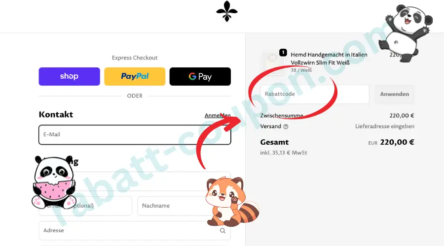Das Bild zeigt eine Checkout-Seite eines Onlineshops mit einem weißen Hintergrund und mehreren Zahlungsoptionen wie Shop, PayPal und Google Pay. Rechts ist eine Bestellübersicht mit einem Produkt, dem Gesamtpreis und einem Eingabefeld für einen Rabattcode zu sehen, das farblich markiert ist. Mehrere grafische Elemente wie Pfeile und kleine Tierillustrationen lenken den Blick auf das Rabattcode-Feld.
