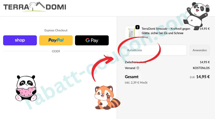 Das Bild zeigt den Warenkorb im Onlineshop von Terra Domi mit einer Bestellübersicht auf der rechten Seite. Dort ist ein Produkt aufgeführt sowie ein Eingabefeld für einen Rabattcode, das rot markiert ist. Links sind Zahlungsoptionen wie Shop, PayPal und Google Pay sichtbar.