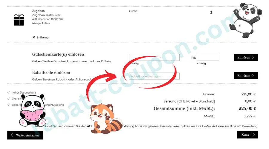 Das Bild zeigt den Warenkorb im Onlineshop von Top Parfümerie mit einer Übersicht der bestellten Artikel und der Gesamtsumme. In der Mitte ist ein Eingabefeld für Rabattcodes markiert, in das ein Aktionscode eingegeben werden kann. Rechts unten werden Versandkosten, Mehrwertsteuer und der finale Gesamtpreis angezeigt.