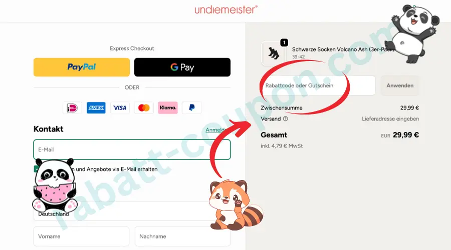 Das Bild zeigt den Checkout-Bereich des Onlineshops undiemeister mit einem ausgewählten Produkt, schwarzen Socken, und einer Bestellübersicht auf der rechten Seite. In der Mitte ist ein Eingabefeld für einen Rabattcode sichtbar, das mit einem roten Pfeil hervorgehoben wird. Links befinden sich Kontaktfelder sowie verschiedene Zahlungsoptionen wie PayPal, Kreditkarte und Google Pay.