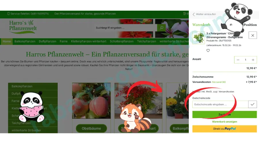 Das Bild zeigt den Warenkorb im Online-Shop Harro’s Pflanzenwelt mit einer Übersicht über ausgewählte Pflanzen, Preis, Versandkosten und Gesamtsumme. Rechts befindet sich ein Eingabefeld für einen Gutscheincode direkt unter der Bestellübersicht. Ein roter Pfeil und eine Markierung heben das Gutscheinfeld hervor und zeigen deutlich, wo ein Rabatt eingelöst werden kann.