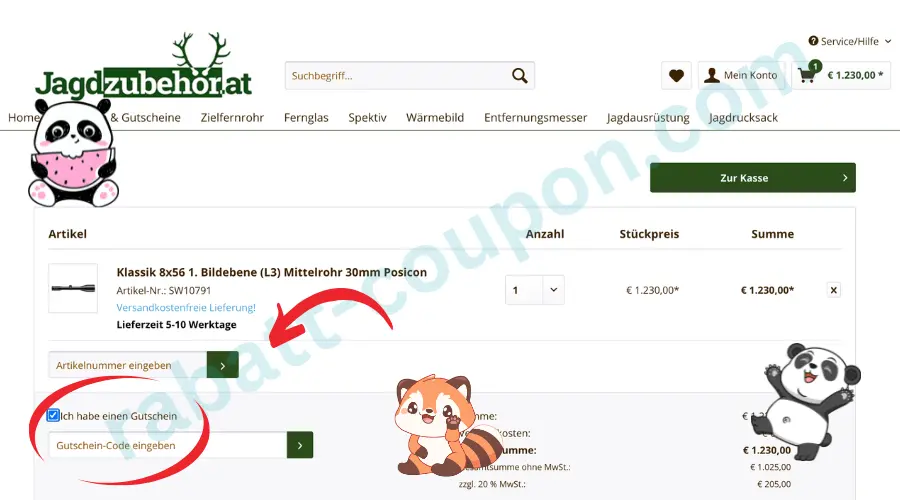 Das Bild zeigt den Warenkorb im Online-Shop Jagdzubehoer.at mit einer Übersicht über den ausgewählten Artikel, Stückpreis und Gesamtsumme. Unterhalb der Produktliste befindet sich ein Bereich zur Eingabe eines Gutschein-Codes. Ein roter Pfeil und eine Markierung heben das Feld für den Gutschein-Code hervor und zeigen, wo ein Rabatt eingelöst werden kann.