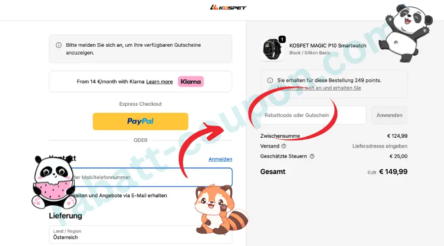 Das Bild zeigt den Checkout-Bereich im Online-Shop KOSPET mit Express-Checkout-Optionen wie PayPal und Klarna. Rechts befindet sich die Bestellübersicht mit Produkt, Zwischensumme, Versandkosten, geschätzten Steuern und Gesamtbetrag. Ein roter Pfeil und eine Markierung heben das Feld „Rabattcode oder Gutschein“ hervor und zeigen deutlich, wo ein Rabatt im Bestellprozess eingegeben werden kann.