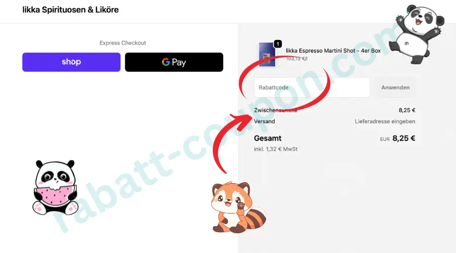 Das Bild zeigt den Warenkorb im Online-Shop likka für Spirituosen und Liköre mit Express-Checkout-Optionen wie Shop Pay und Google Pay. Rechts ist die Bestellübersicht mit Produkt, Zwischensumme, Versand, Gesamtbetrag sowie einem deutlich markierten Feld zur Eingabe eines Rabattcodes zu sehen. Ein roter Pfeil und eine Markierung heben das Gutscheinfeld hervor und zeigen, wo ein Rabatt eingegeben werden kann.