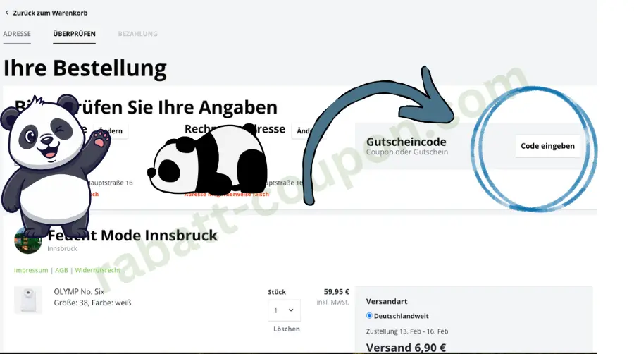 Screenshot des Modehaus.de Warenkorbs mit hervorgehobenem Feld zur Eingabe eines Gutscheincodes im Bestellprozess