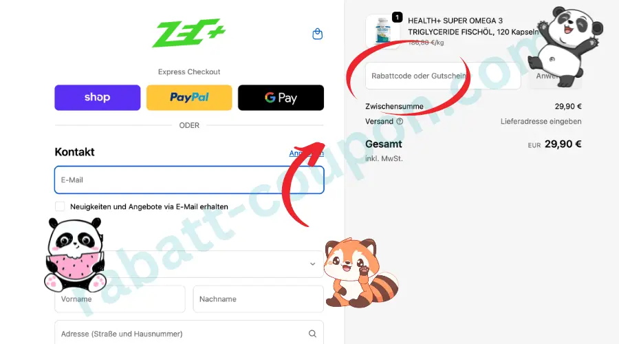 Das Bild zeigt den Checkout-Bereich im Online-Shop von Zec+ mit Express-Checkout-Optionen wie Shop Pay, PayPal und Google Pay. Rechts ist die Bestellübersicht mit Produkt, Zwischensumme, Versand, Gesamtbetrag sowie einem Eingabefeld für Rabattcode oder Gutschein zu sehen. Ein roter Pfeil und eine Markierung heben das Gutscheinfeld deutlich hervor und zeigen, wo ein Rabatt im Bestellprozess eingetragen werden kann.