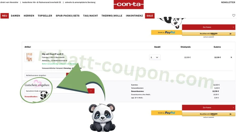 conta Warenkorb mit Gutschein-Eingabefeld im Checkout Screenshot des Warenkorbs im conta Onlineshop mit markiertem Feld „Gutschein eingeben“, inklusive Übersicht zu Artikel, Versandkosten und Gesamtsumme vor dem Checkout.