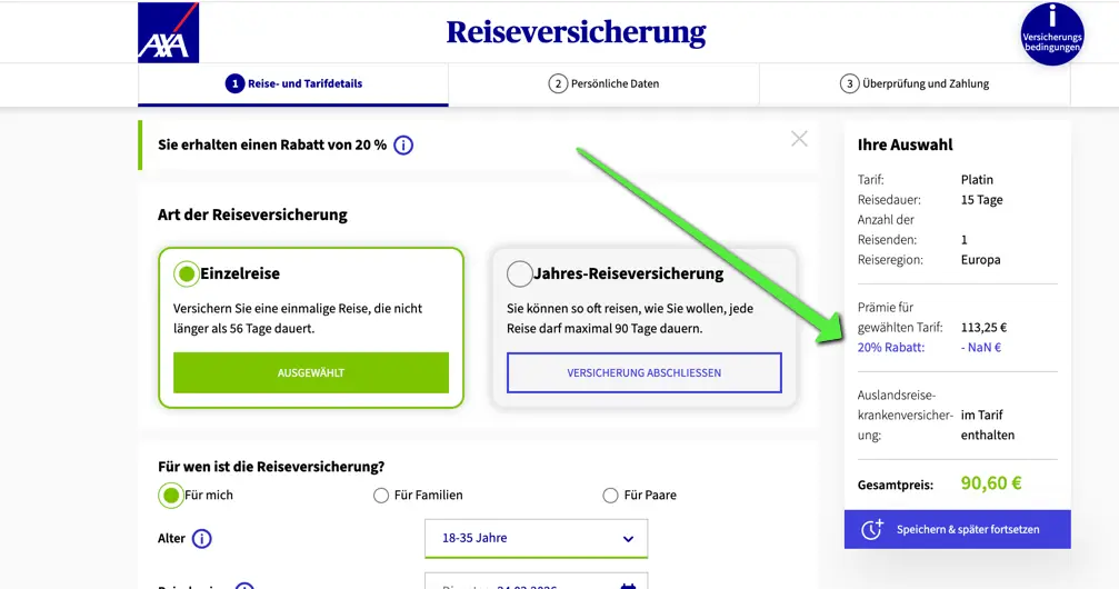 Screenshot der AXA Assistance Reiseversicherung mit hervorgehobener Anzeige eines 20 % Rabatts im Buchungsprozess.