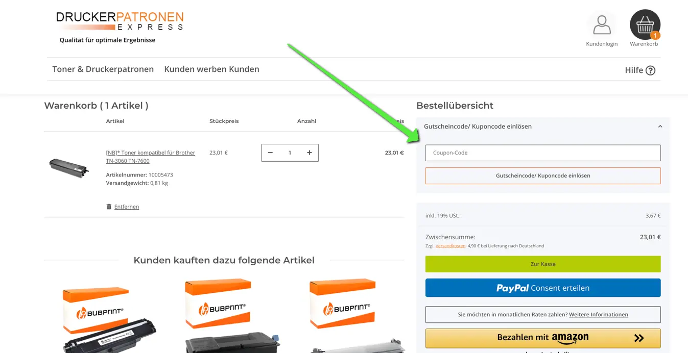 Screenshot des Druckerpatronen Express Warenkorbs mit Eingabefeld für Gutschein- oder Couponcode.