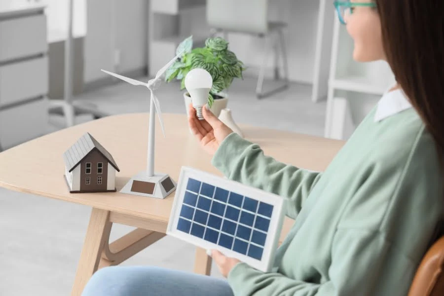 Person hält LED-Lampe und kleines Solarpanel neben Modellhaus und Windrad als Symbol für erneuerbare Energie im Haushalt